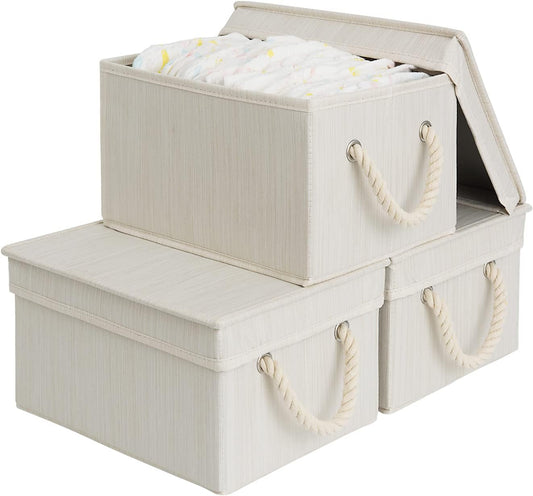 StorageWorks Storage Bins with Lids, Decorative Storage Boxes with Lid and Soft Rope Handles, Foldable Storage Baskets for Closet, Shelves, Stackable, Ivory and White, Medium, 3-Pack