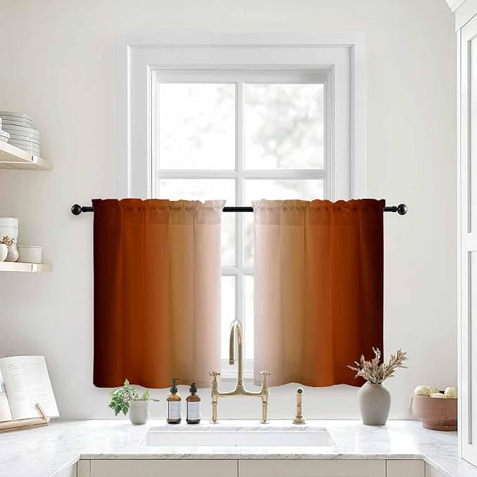 Burnt Orange Kitchen Curtains 2 Panels for Dining Room Abstract Rust Art Painting Curtain 39 inch Length Semi Sheer Rod Pocket Window Treatment Panel for Livingroom,27.5"x39"