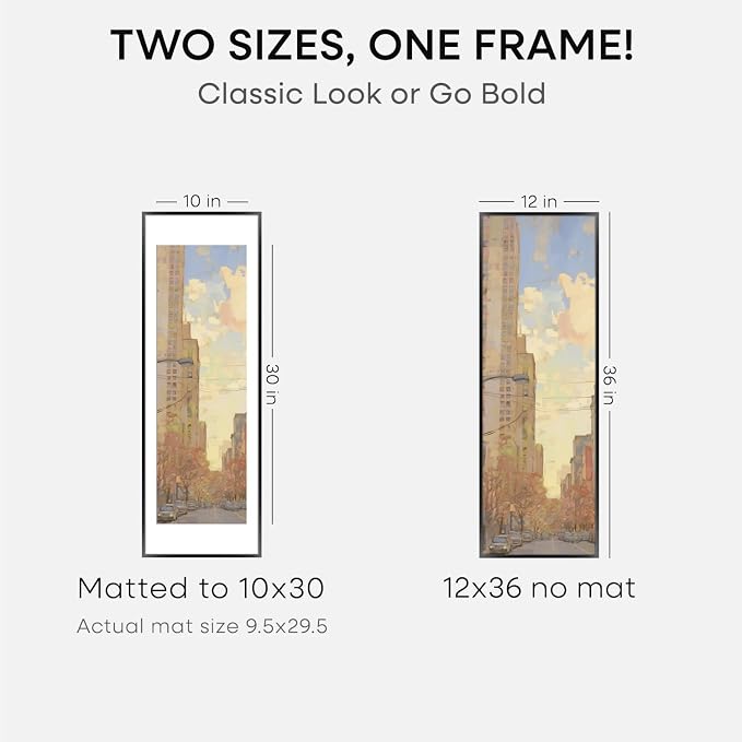 Homeforia 12x36 Picture Frame Black, High End Metal 12x36 Poster Frames with Mat 10x30 for Photo, 12 x 36 Black Frame Matted to 10 by 30 Art, 36x12 Panoramic Frames, Tempered Glass, Wall Kit, Set of 2