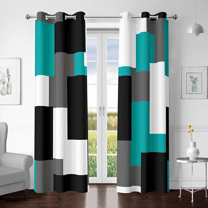 Tyrot Teal/Turquoise 100% Blackout Curtains for Bedroom 84 inch Length 2 Panels Set White Grey Modern Abstract Geometric Black Out Curtains Room Darkening Window Drapes for Living Room, 42Wx84L