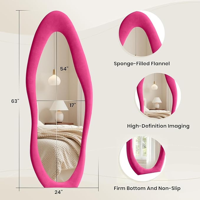 Dewfig Full Length Mirror, 63" x 24"Irregular Mirror, Large Floor Length Mirrors Wall Mounted, Standing Mirrors with Flannel Wrapped Wooden Frame for Bedroom/Living Room, Hot Pink