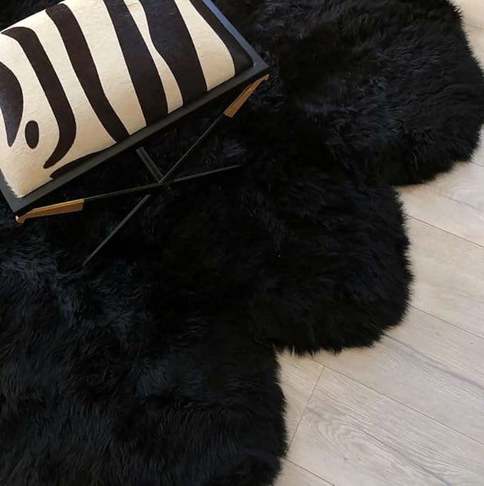 HUAHOO Premium Genuine Sheepskin Rug Real Australia Sheepskin Natural Luxury Fluffy Lambskin Fur Area Rug Seat Covers for Kids Bedroom Sofa Chair Cover Pets Dogs Mat Eight Pelt /6.2' x 7' Black