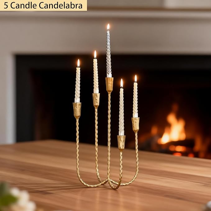 17.5 Inch 5-Arm Candle Cast Iron Metal Candelabra Candlestick Holders | Tall Antique Brass Taper Candle Holder, Vintage Farmhouse Centerpiece for Wedding, Fireplace Mantel & Dining Room Table Decor