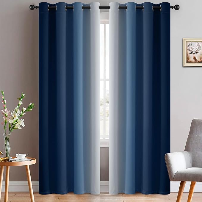 Yakamok Ombre Curtains Blue and Greyish White for Living Room,52Wx90L | Room Darkening Curtains 90,Thermal Insulated Gradient Color Drape,Light Blocking Grommet Window Curtains for Bedroom,2 Panels