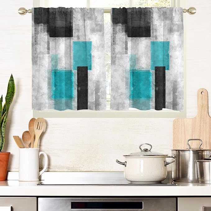 AAtter Teal Window Curtains for Kitchen Black Gray Grey Modern Abstract Funky Small Short Home Living Room Bedroom Bathroom Rod Pocket Drapes Treatment Tiers Fabric 1 Pair, 27.5" W x 36" L, Geometric