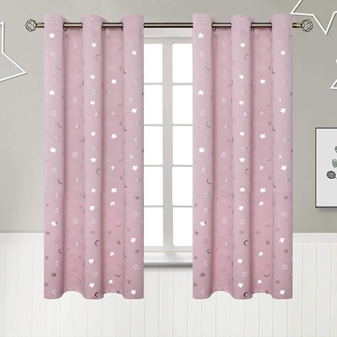 BGment Pink Curtains for Girls Bedroom, Star and Moon Blackout Curtains for Kids Room 63 Inch Long, Thermal Insulated Room Darkening Nursery Window Curtains with Grommet, 2 Panels, 42 Wide, Light Pink