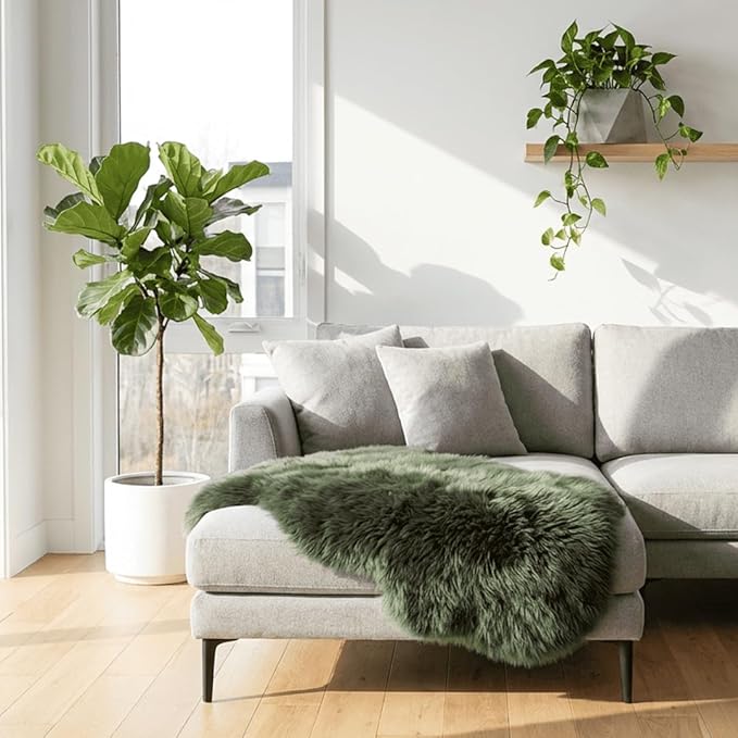 Fluffy Genuine Sheepskin Rug, Soft Green Shaggy Fur Fuzzy Area Rug for Fur Wool Pray Pup Carpet Cushion, Chair Sofa Seat Cover, Bedroom Living Room, Dark Green, 1Pelt