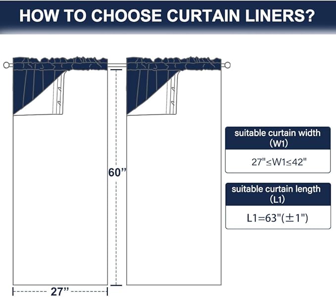 NICETOWN Blackout Curtain Liners for Window - Drapes Liners for 63 inch Curtains, Thermal Curtains Liner (2 Panels, with Bonus Curtain Hooks, 27W by 60L Inches Each Panel, Grey)
