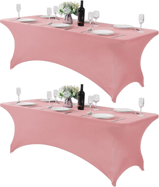 2Pack Spandex Table Cover for 8FT or 4ft or 6ft Table Universal Fitted Stretch Tablecloth for Party, Banquet, Wedding and Events-Dusty Pink