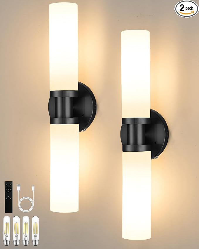 Rayogale Black Wireless Battery Operated Wall Sconce with Remote Control | Dimmable Rechargeable Wall Lights Set of 2, Timer, No Hardwire, Touch, 8000mAh, 3000K, White Glass, Emergency, 16.5 Inch