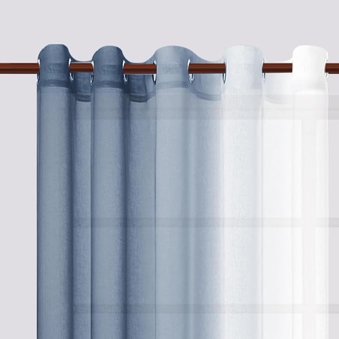 DWCN Blue Ombre Faux Linen Sheer Curtains - Extra Wide Gradient Semi Voile Grommet Top Bedroom and Living Room Curtains, 60 x 63 Inches Long, Set of 2 Window Curtain Panels, Denim Blue