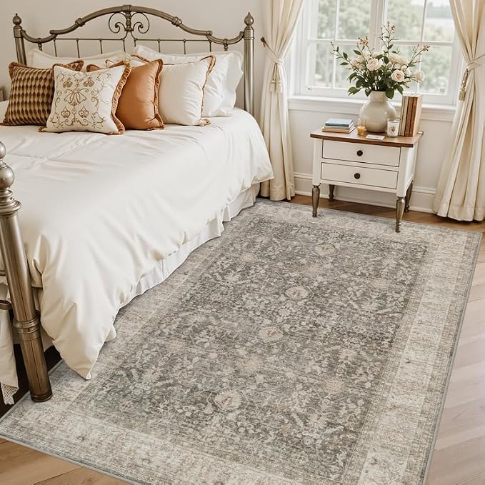 6x9 Area Rugs for Living Room: Vintage Boho Neutral Washable Rug Indoor Soft Large Area Rug Carpet for Bedroom Nursery Farmhouse Dining Room Office Floor Non-Slip Low Pile Under Table Rug Warm Taupe