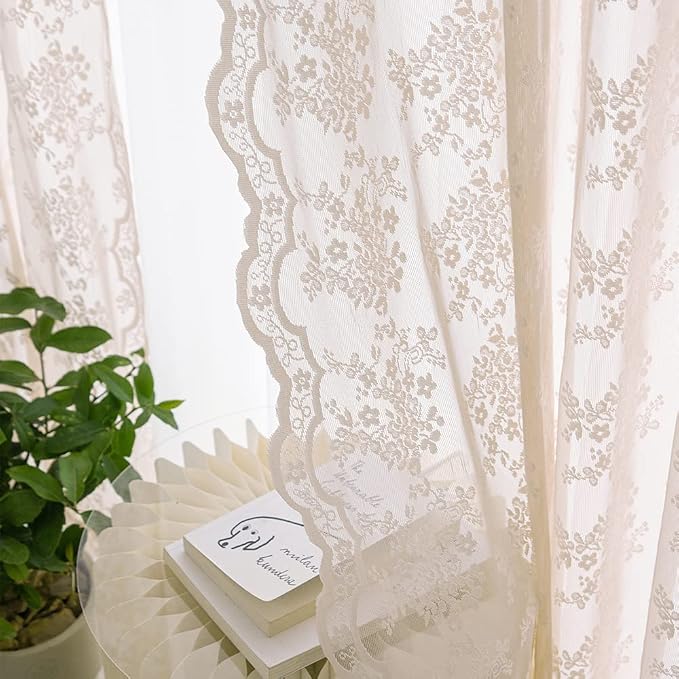 YJ YANJUN Vintage Lace Curtains 63 Inch Length 2 Panels Set Cute Floral Designs Dusty Pink Sheer Curtain Panels for Girls Bedroom with Wavy Edge Rod Pocket, 52 x 63 Inch, Blush Pink