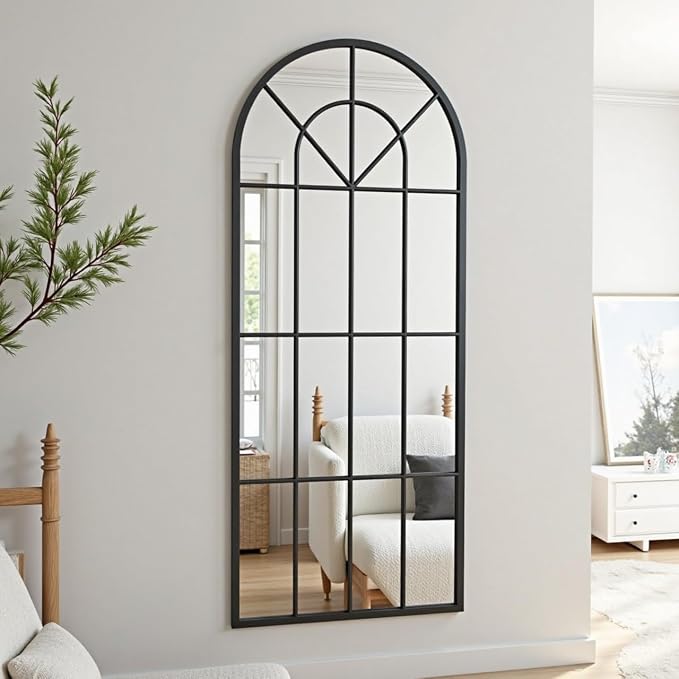Degfig Arched Full Length Mirror with Grids, 71"X32", Arched Window Pane Wall Mirror, Floor Standing Mirrors, Farmhouse Long Full Body Mirrors Wall Mounted for Living Room, Bedroom, Entryway, Black