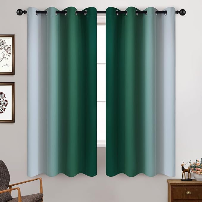 Yakamok Ombre Curtains Dark Green and Greyish White for Living Room,52Wx63L | Room Darkening Curtains 63,Thermal Insulated Gradient Color Drape,Light Blocking Grommet Window Curtains for Bedroom,2 Panels
