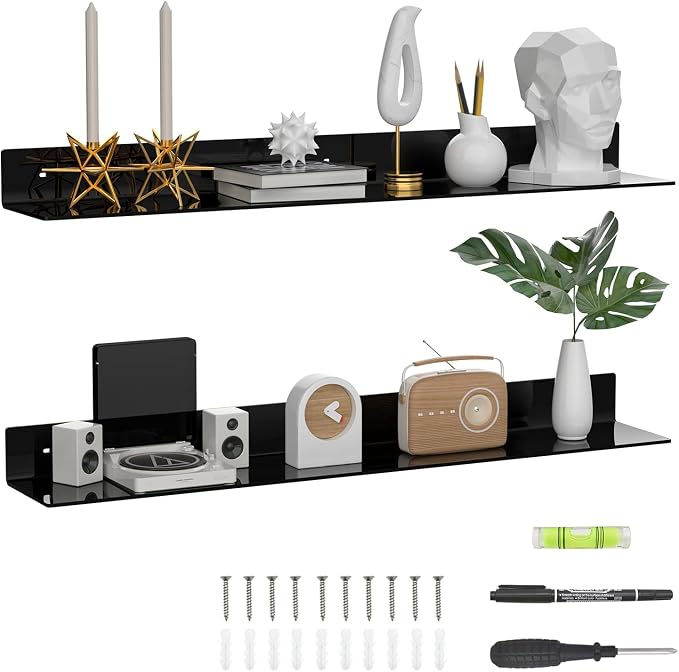 Sezanrpt 36 Inches Acrylic Wall Shelves 2 Pack, Floating Shelf for Wall Mounting, Acrylic Display Ledges for Funko Pop Figures, Home Décor, Living Room, Gaming Room, Plants(36 inch, Black)