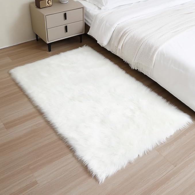 White Faux Fur Rug Fluffy Sheepskin Area Rug,2x4 Ft Ultra Soft Shaggy Plush Rug for Bedroom Bedside Living Room Nursery Kids Room