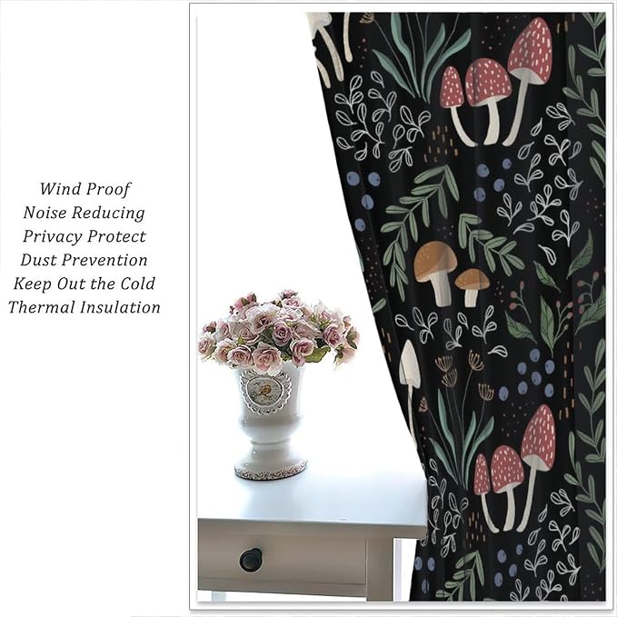 Mushroom Curtains, Cartoon Green Leaves Mushroom Wildflower Plant Botanical Boho Herb Nature Garden Print Blackout Window Drapes for Living Room Kids Bedroom 63x63in