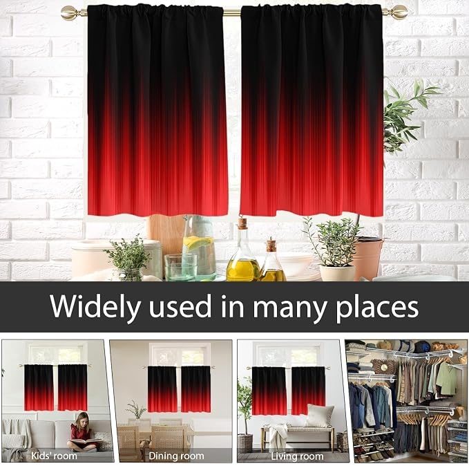 AAtter Red and Black Ombre Short Kitchen Curtains 27.5" W x 36" L, Gothic Dark Anime Tier Drapes for Small Windows, Rod Pocket Abstract Art Gradient Fabric, 2 Panels Set