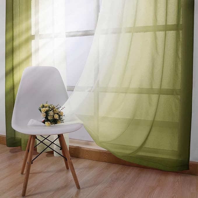 DWCN Ombre Short Sheer Curtains - Faux Linen Semi Voile Gradient Light-Filtering Bedroom and Living Room Curtains, Set of 2 Grommet Top Window Drape Panels, 42 x 45 Inch Length, Olive Green