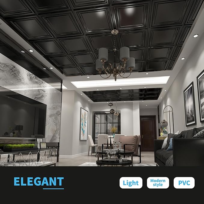 Art3d PVC Ceiling Tiles 2x2 ft 24-Pack (Covers 96 Sq.ft) - Paintable 3D Design, Water & Corrosion Resistant, Easy Install for Drop Ceiling & Flat Substrates, Home & Commercial Decor, Black