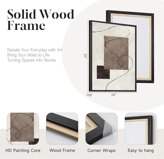 Framed Neutral Abstract Wall Art for Living Room, Set of 2 Geometric Line Beige Brown Canvas Artwork for Walls, Large Minimalist Modern Painting Print for Hallway Bedroom Office Wall Decor, 24x36 Inch