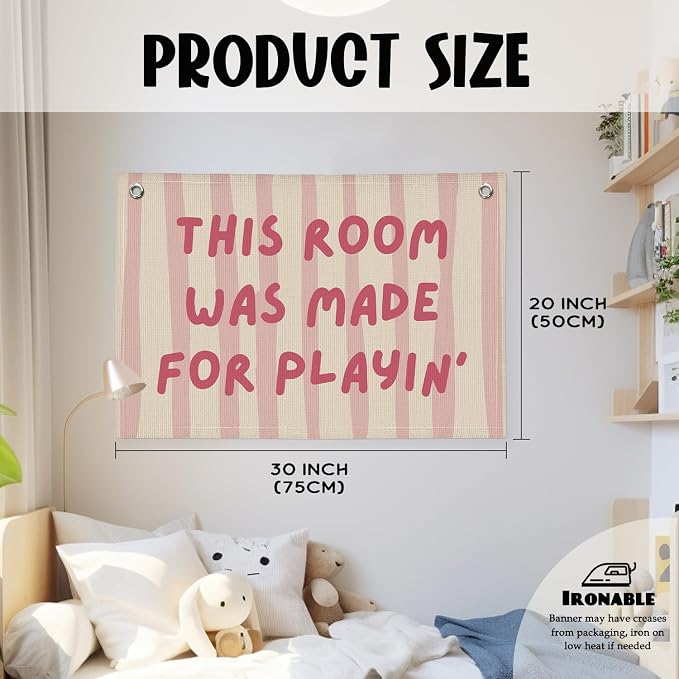 Playroom Decor Wall Banner "This Room Was Made For Playin'" 20x30 Inch - Nursery Canvas Art, Kids Bedroom Hanging, Linen Toddler Play Area Sign, Children's Canvas Flag Decor - Pink