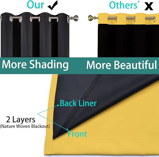 Yakamok Total Blackout Curtains, 2 Thick Layers Completely Blackout Thermal Insulated Drapes with Black Liner for Bedroom(52Wx96L, Mustard Yellow, 2 Panels)