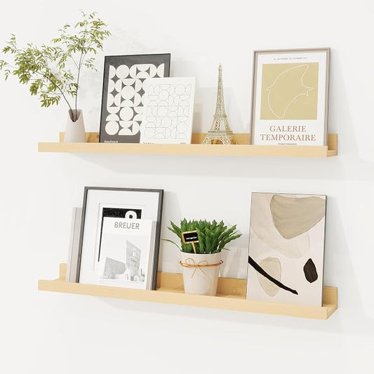 Picture Ledge Shelf, Solid Pine Wood Floating Shelves Set of 2, 24 Inches Nursery Book Shelves for Toys Storage, Kids Bookshelf Wall Mounted for Living Room Decor Photo Frames, Unfinished Natural