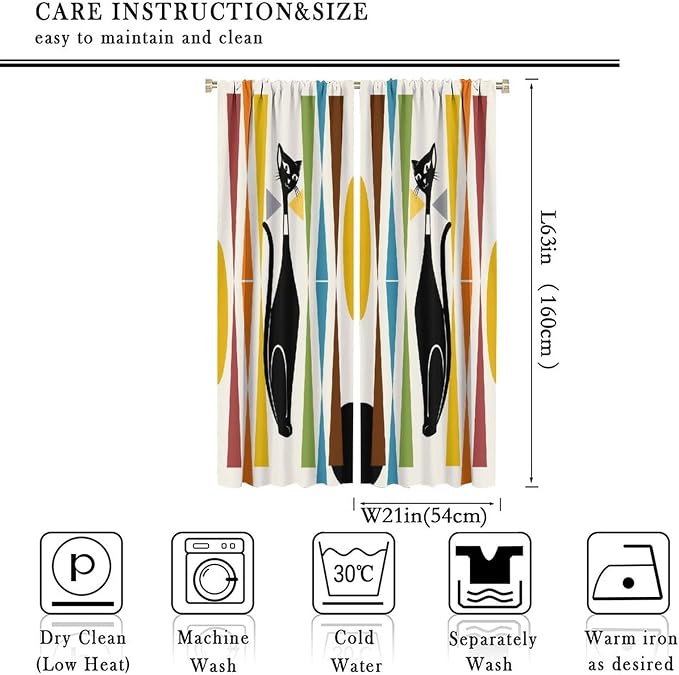 JESTRONRY Mid Century Style Curtains,Black Cat Modern Abstract Geometric Vintage Colorful Shape Pattern Theme Home Fabric Living Room Bedroom Kitchen Bathroom Decor 42x63in