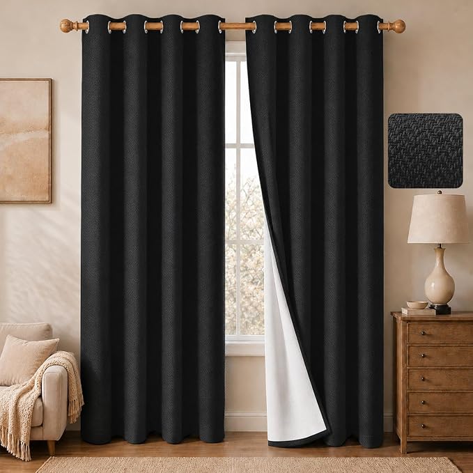 2 Panels 100% Blackout Linen-Textured Curtains, Thick Thermal Insulated Grommet Drapes with Subtle Herringbone Weave, Luxury Decor for Bedroom/Living Room, 54 x 95 Inches, Black