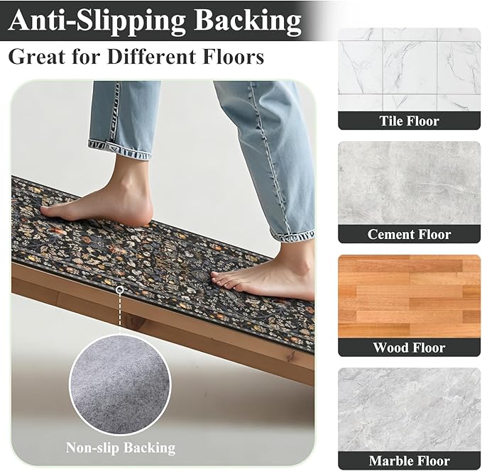 HEBE Washable Hallway Runner Rug 2'x 8' Non Slip Kitchen Rugs Runner, Low Pile Entryway Rug Laundry Room Mat Floral Carpet Runners for Hallways, Kitchen, Bathroom, Laundry, Bedside Rug