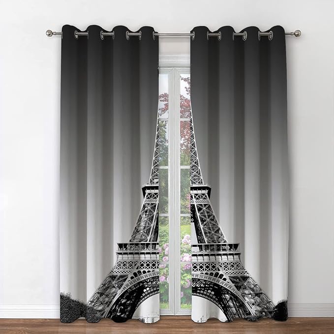Jekeno Paris Eiffel Tower Blackout Curtains Paris Landmark Picture of Famous Place Cityscape Scene Decor for Bedroom Living Room Grommet Window Drapes 2 Panel Set, 42"x54"