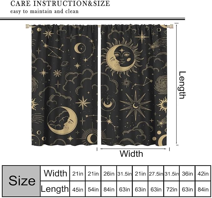Sun Moon Blackout Curtains, Bohemian Art Theme Sky Sun Moon Gold Print Rod Pocket Window Treatment Drapes for Bedroom Living Room 42" W X 63" L