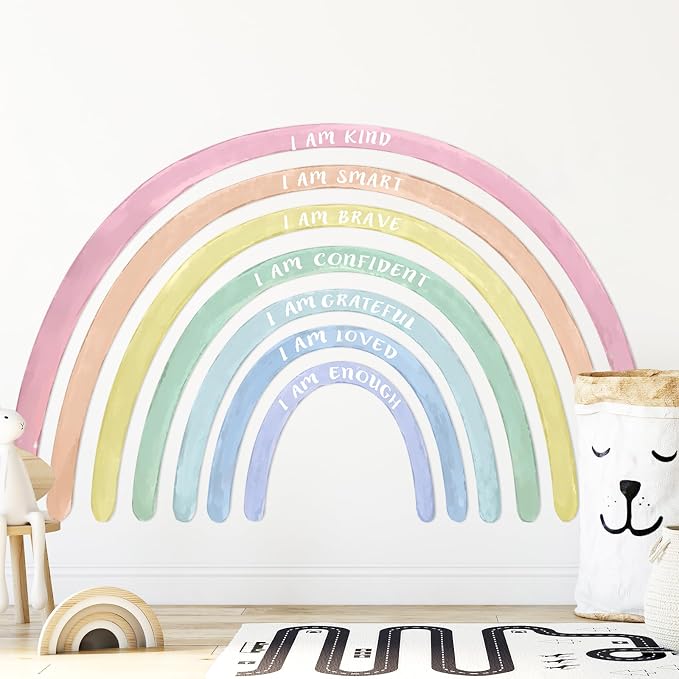 Tinideya 77" x 47'' Large Watercolor Rainbow Wall Decal with Inspirational Quote, Peel and Stick Rainbow Stickers Watercolor Vinyl Wall Mural Art for Girls Toddlers Playroom Bedroom Classroom(Pastel)