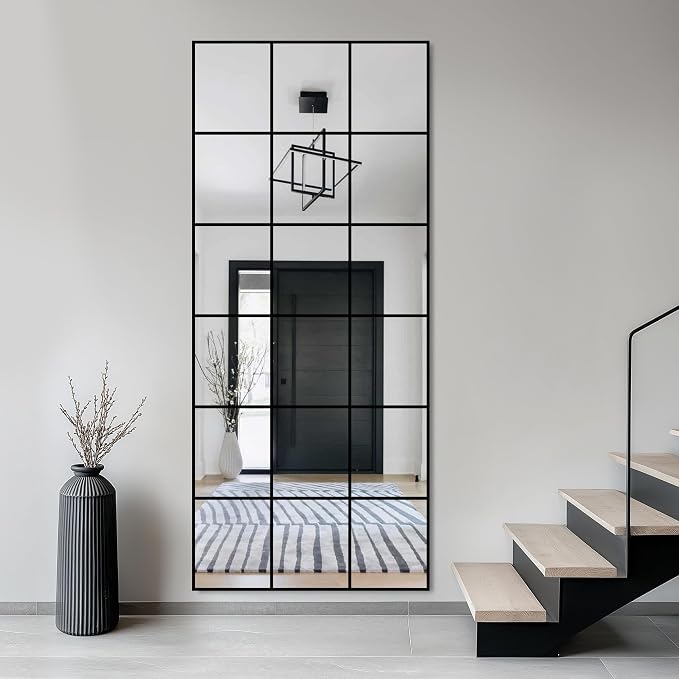 Large Window Pane Full Length Mirror for Wall, 30"x70" Oversize Black Full Body Wall Mirror for Living Room, Bedroom, Entryway, Hanging or Leaning