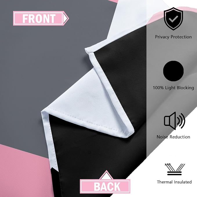 Tyrot Pink 100% Blackout Curtains for Bedroom 72 inch Length 2 Panels Set Grey Modern Abstract Geometric Black Out Curtains Thermal Insulated Room Darkening Window Drapes for Living Room, 42Wx72L