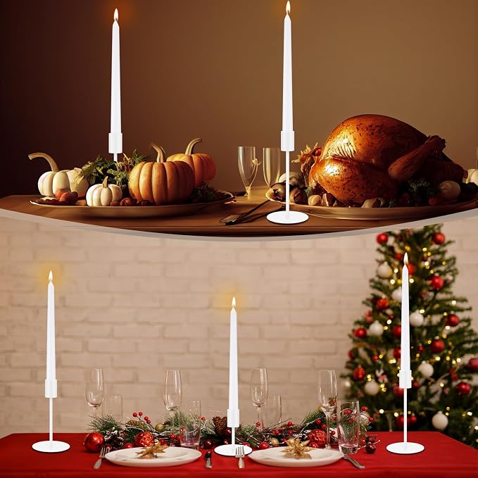 12 Set Candle Holders Bulk with 10'' Dripless Taper Candles 3.3'' 5.5'' 6.3'' Metal Candlestick Holders Vintage Modern Decorative Table Centerpiece for Wedding Birthday Home Decor (White)
