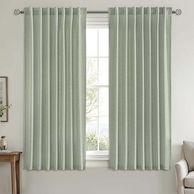 MIULEE Non-See-Through Privacy Linen Curtains 2 Panels, Light Filtering Window Curtains Farnhouse Textured Back Tab Semi Sheer Drapes for Bedroom Living Room, 52 x 63 Inches Long, Sage Green