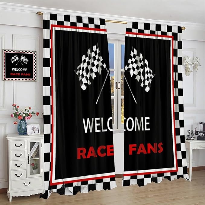 Racing Theme Blackout Curtain,Checkered Flag Black White Race Car Window Curtains Cloth Farbic for Kitchen Bedroom Cafe Dining Room Office Living Room Drapes, 42x54 in