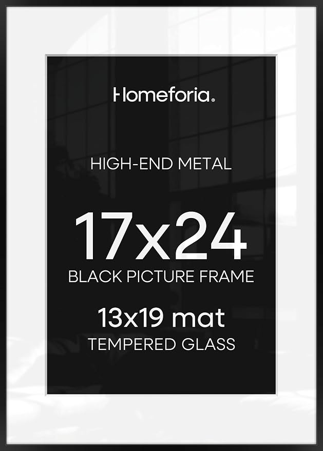 Homeforia 17x24 Picture Frame Black, High End Metal 17x24 Poster Frames with Mat 13x19 for Photo, 17 x 24 Black Frame Matted to 13 x 19 inch Print, 24x17 Thin Frame, Tempered Glass, Wall Kit, Set of 2