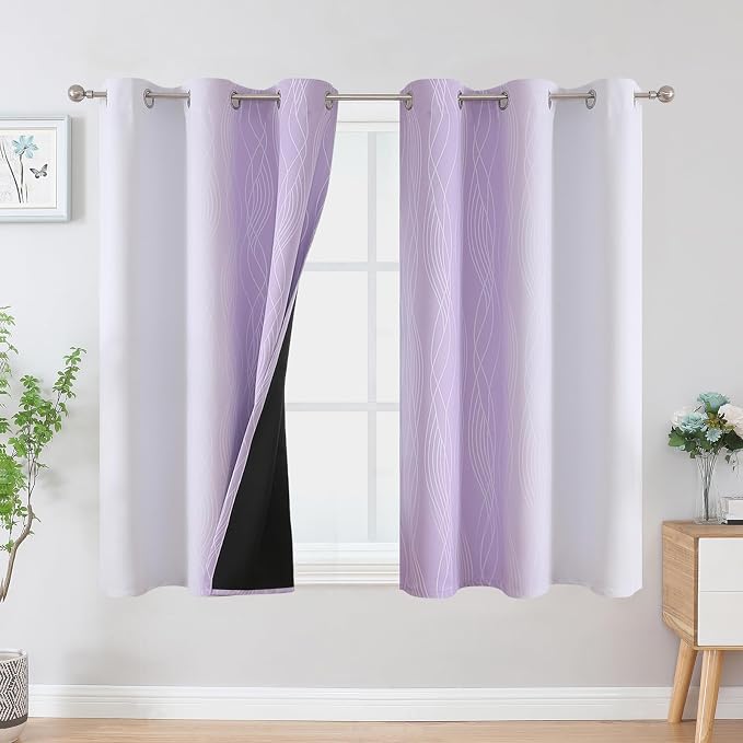 Estelar Textiler Lilac and Greyish White Ombre Blackout Curtains 54 Inch Length 2 Panels, Full Room Darkening Gradient Drapes for Bedroom, Thermal Insulated Grommet Short Curtains for Bathroom,42Wx54L