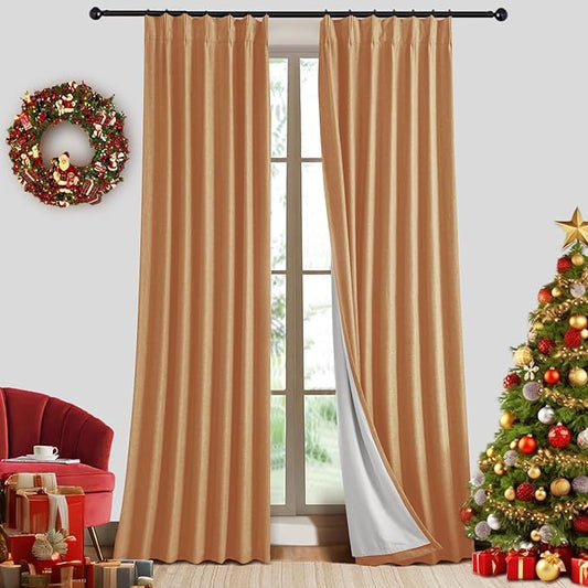 IVAPUPU Linen Pinch Pleated 100% Blackout Curtains for Bedroom - 2 Pages Black Out Gold Curtains 95 Inch Long 2 Panel for Living Room Darkening Thermal Window Curtain Drapes with 16pc Hooks