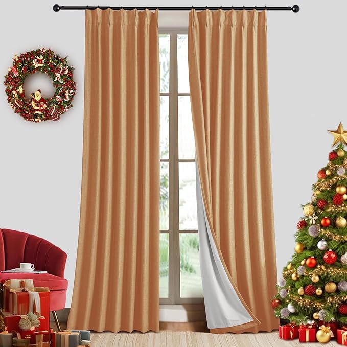 IVAPUPU Linen Pinch Pleated Full Blackout Curtains for Bedroom - 2 Pages Black Out Gold Curtains 84 Inch Long 2 Panel for Living Room Darkening Thermal Window Curtain Drapes with 16pc Hooks