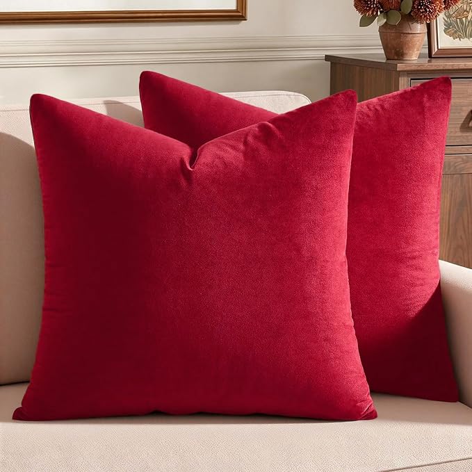 MIULEE Pack of 2 Velvet Pillow Covers Decorative Square Pillowcase Soft Solid Cushion Case Home Decor for Sofa Couch Bedroom Car 20x20 Inch Red
