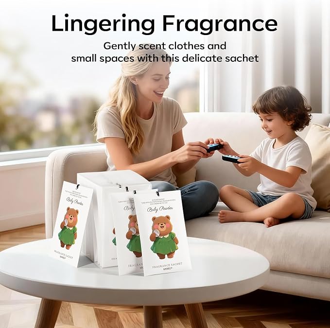 MYARO 12 Packs Baby Powder Scent Sachets Room Air Freshener for Closet Drawer Clothes Storage Small Space Odor Eliminator