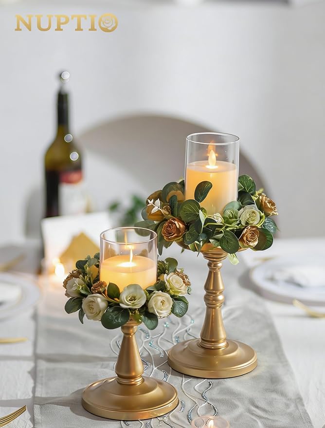 NUPTIO Large Gold Pillar Candle Holders, Set of 2 | Wide Metal Pedestals Fit up to 4-In Dia Pillars and Jars, Vintage Ornate Stands, for Dining Table Centerpieces, Mantel Decor