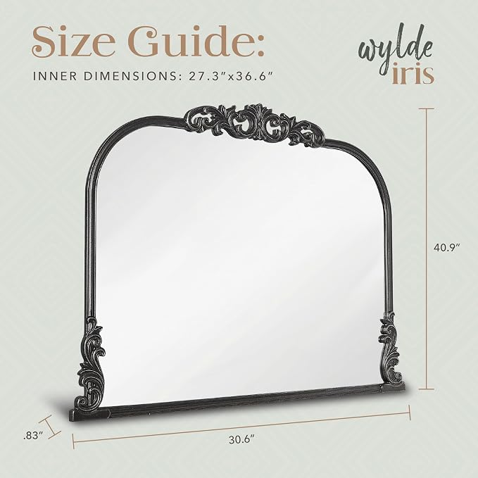 Wylde Iris English Estate Carved Arch Wood Wall Mirror, Mirror for Entryway, Living Room, Bathroom, Distressed Black, 30.6x41
