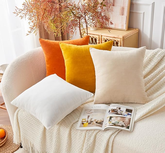 Throw Pillow Covers Mustard Yellow Set of 2 22x22 Inch Fall Pillow Covers, Soft Velvet Farmhouse Neutral Decorative Pillowcases for Couch Sofa Bed, Home Boho Decor, Modern Cushion Covers