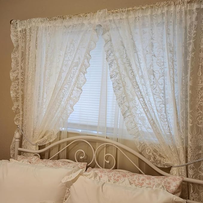 TUDECO Ruffle Curtains 2 Panels - Vintage Tulle Floral Lace Cream Sheer Curtains 84 Inches Long, Shabby Chic Decor, Rod Pocket Privacy Ruffled Drapes for Living Room, 59 x 84 Inch, Ivory